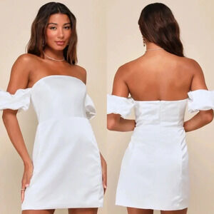 Lulu's Significant Sensation White Satin Off-the-Shoulder Mini Dress Party